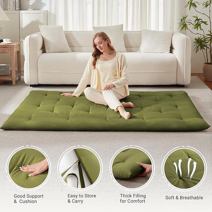 Japanese Floor Futon Mattress Twin Size 39"x 80", Foldable Floor Bed Mattress, Portable Tatami Mat Sleeping Pad, Folding Futon Cushion, Roll Up Floor Lounger for Guest Room Dormitory (Green)