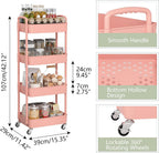 Sywhitta 4-Tier Plastic Rolling Utility Cart with Handle, Multi-Functional Storage Trolley for Office, Living Room, Kitchen, Movable Storage Organizer with Wheels, Pink