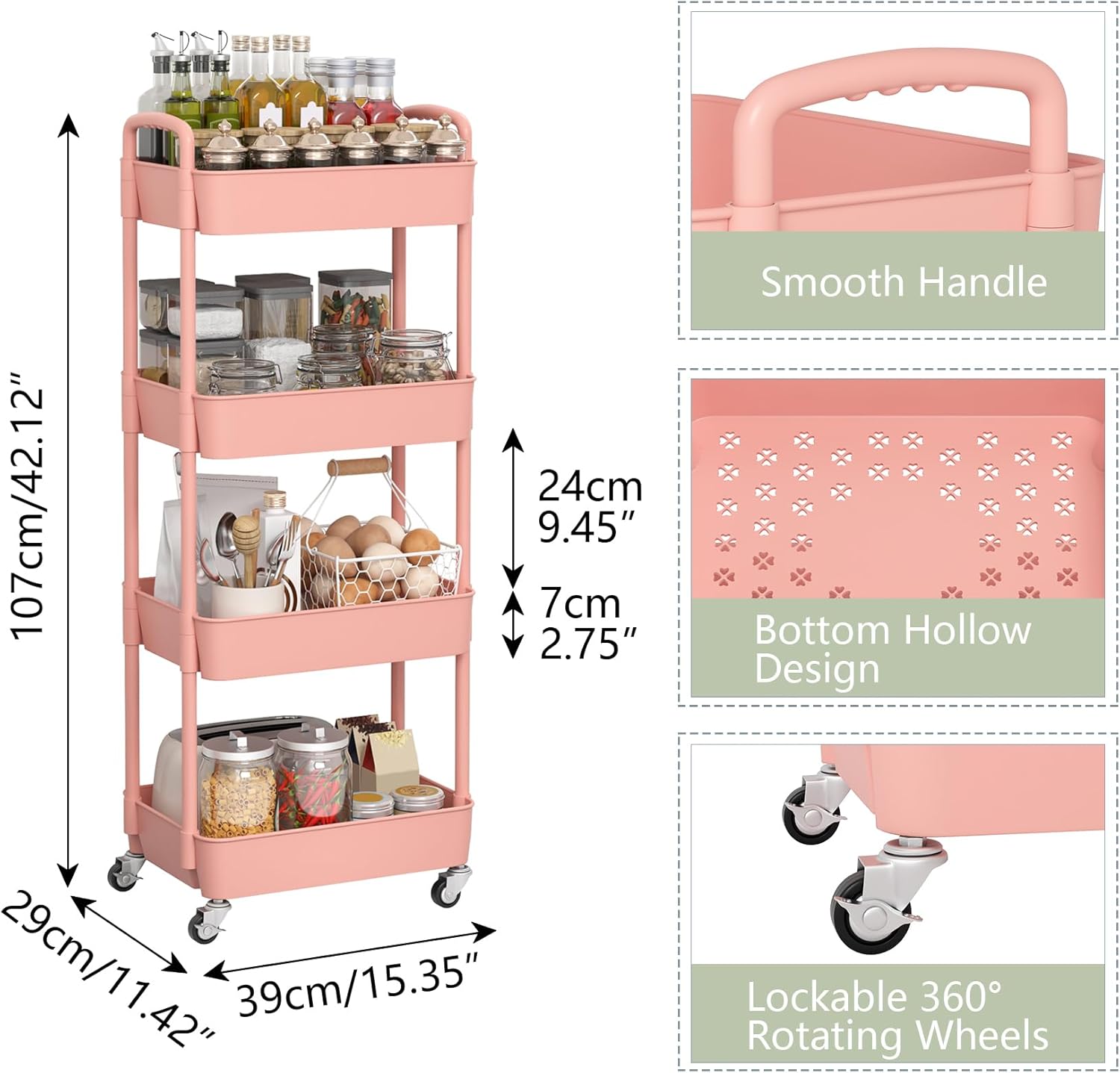 Sywhitta 4-Tier Plastic Rolling Utility Cart with Handle, Multi-Functional Storage Trolley for Office, Living Room, Kitchen, Movable Storage Organizer with Wheels, Pink