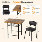 VINGLI Dining Table Set for 2, Small Kitchen Table Set with Upholstered Chairs, 3-Piece Dining Set with Storage Rack, Wood Dining Room Set with Metal Legs for Small Spaces, Living Room, Rustic Brown