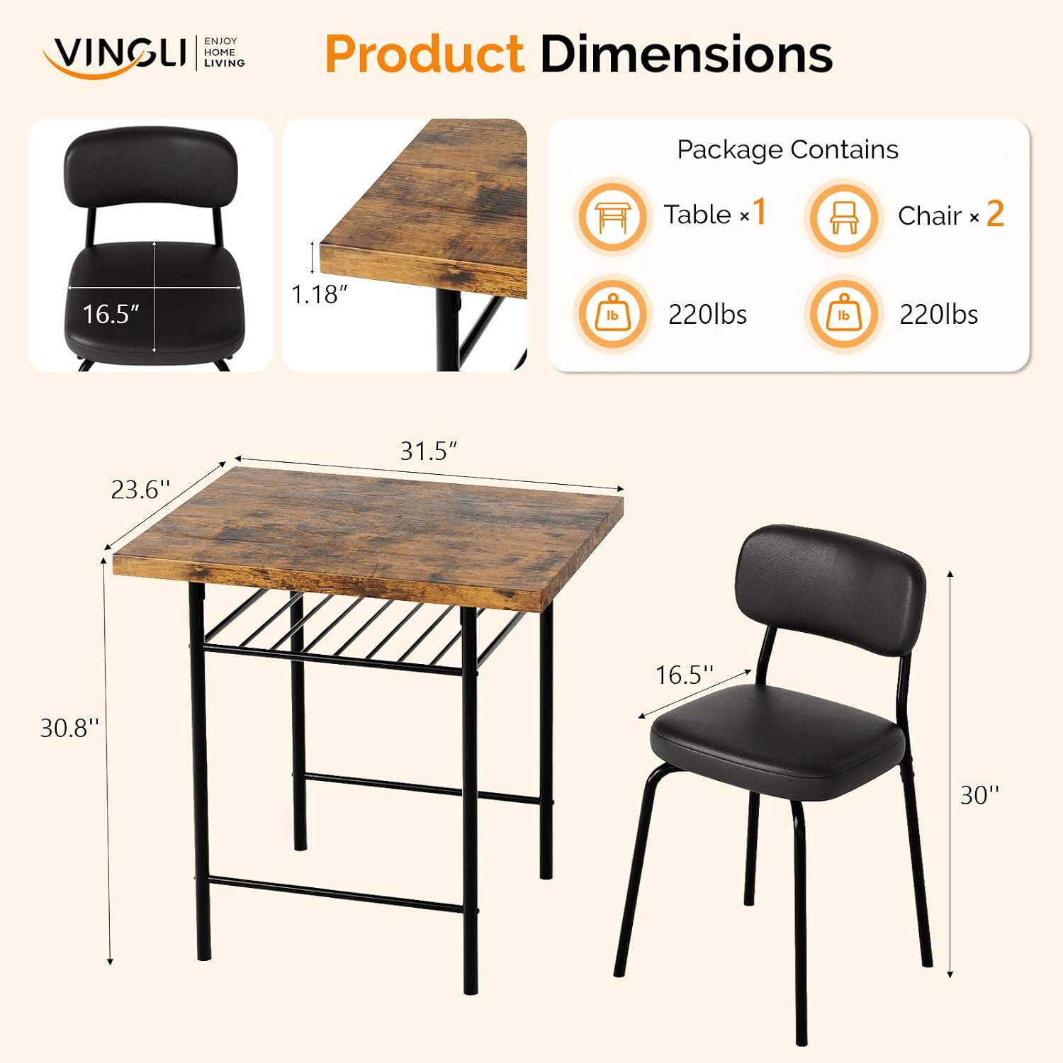VINGLI Dining Table Set for 2, Small Kitchen Table Set with Upholstered Chairs, 3-Piece Dining Set with Storage Rack, Wood Dining Room Set with Metal Legs for Small Spaces, Living Room, Rustic Brown