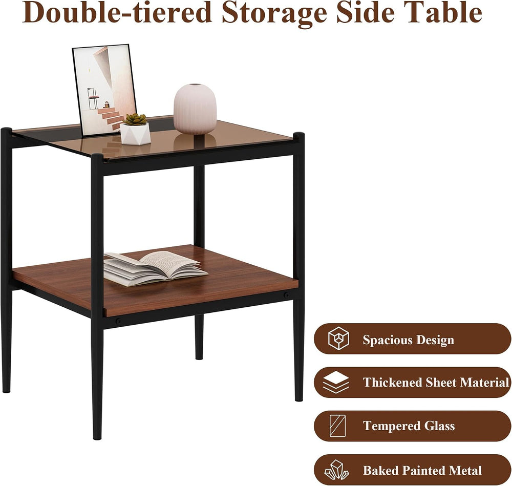 Glass End Table Set of 2, Rectangle Living Room Sofa Side Table, with BrownTe...