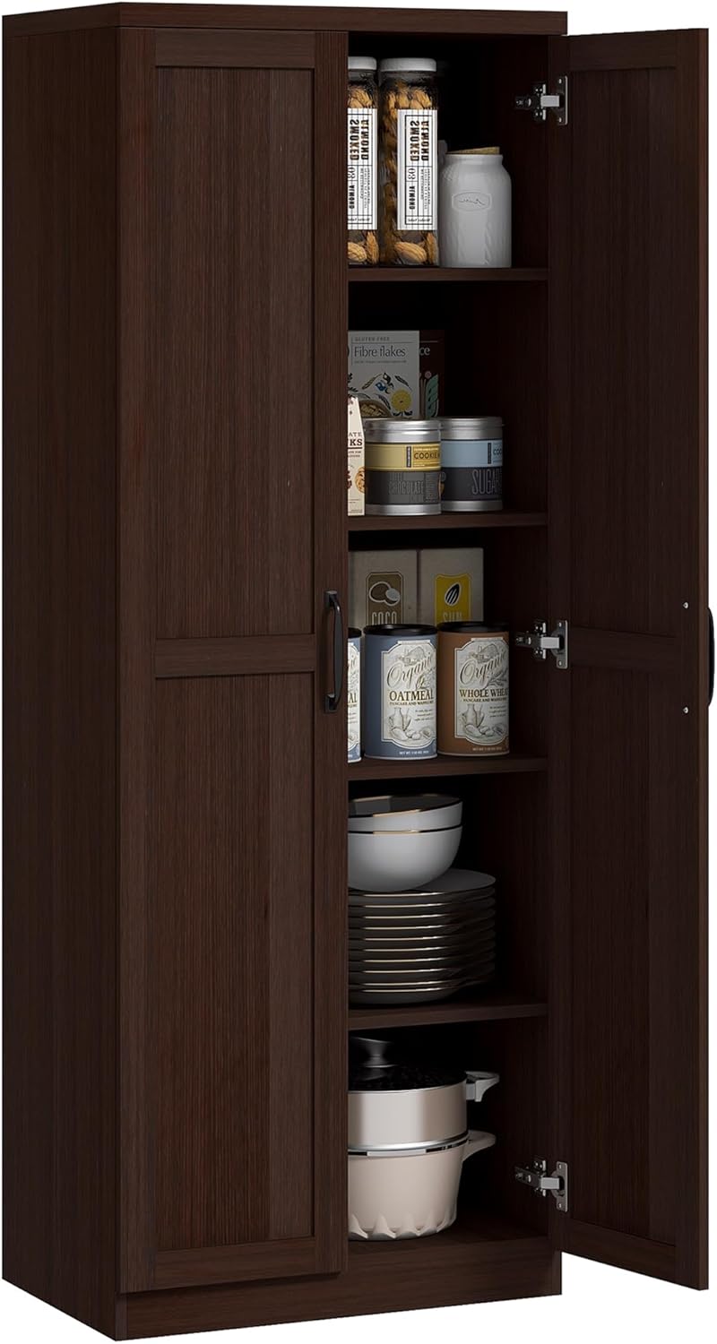 HOMCOM 63" 2-Door Kitchen Pantry 5-Tier Cinnamon Cherry Wood Grain | Fre...