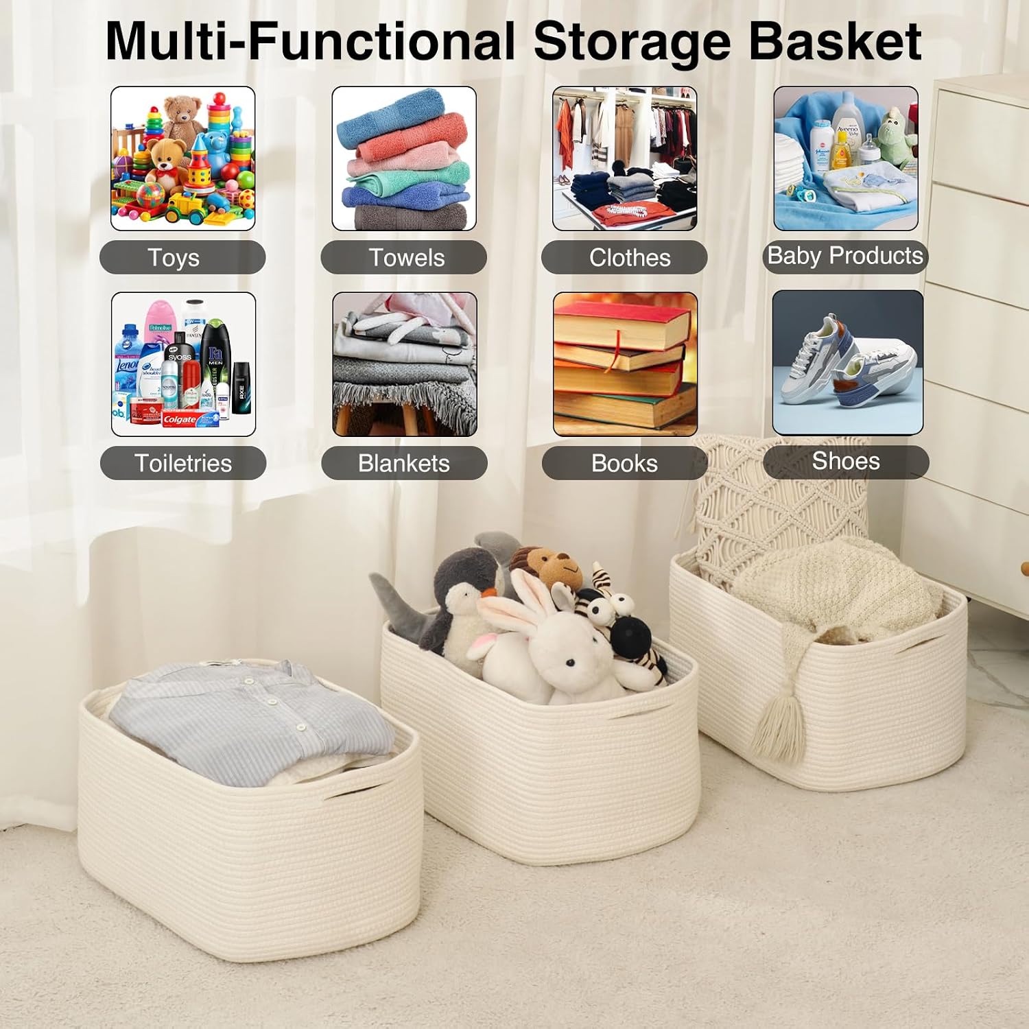 ICERZCZ Large Storage Baskets for Organizing Shelves, Woven Cotton Rope Bins for Baby Nursery Organization, Book Toy Towel Organizer, 17"x13"x9.5", 3 Packs, Off White