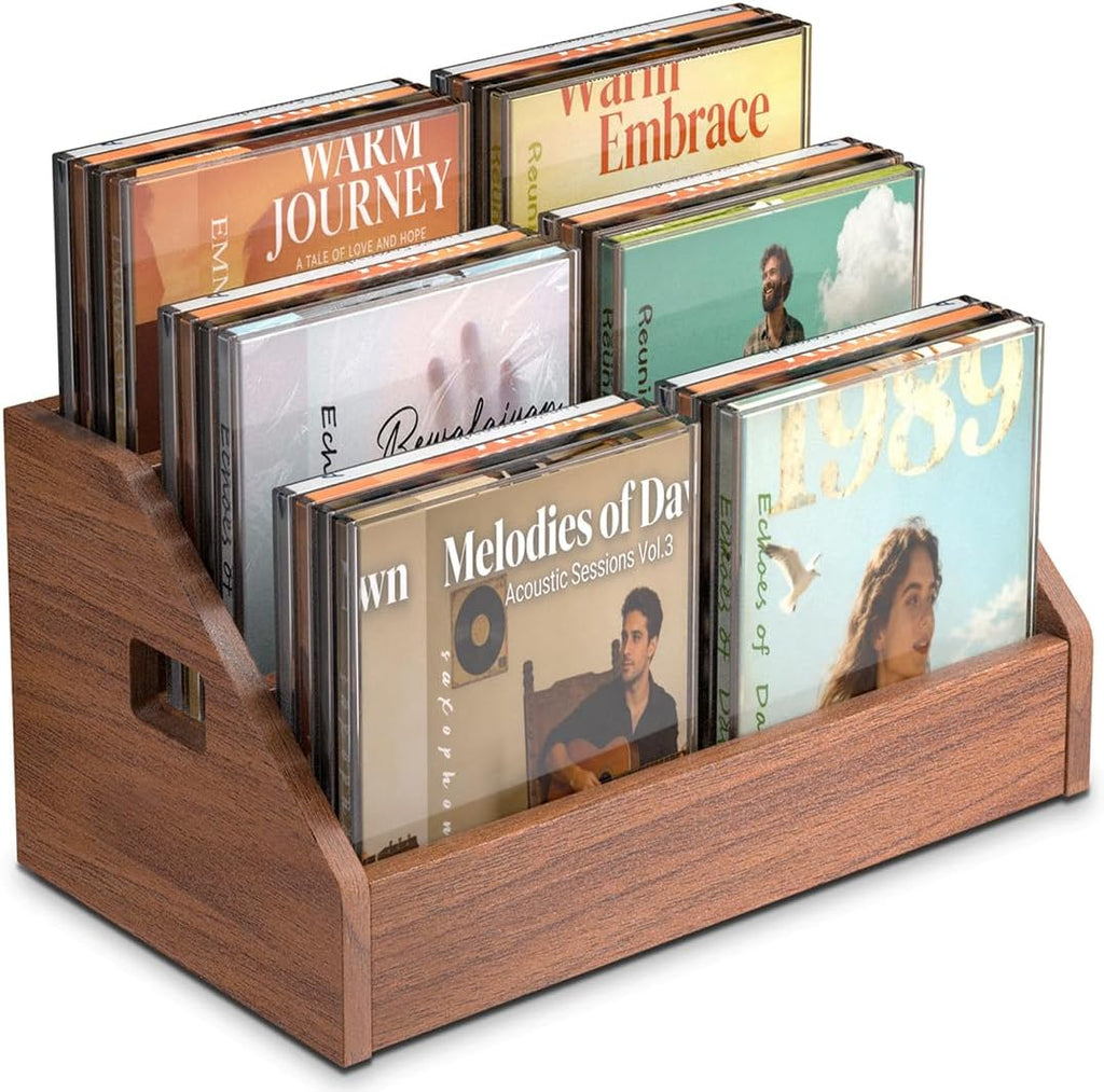3 Tier CD Holder,Wood CD Storage Rack,CD/DVD Display Stand | Holds 24 Jewel Cases,CD Organizer with Handles for CD DVD Cassettes Tapes,Rustic Brown for Home Office & Music Lovers