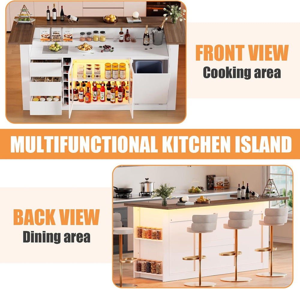 86.6" Large Kitchen Island with Trash Can,Stationary Storage Island with...