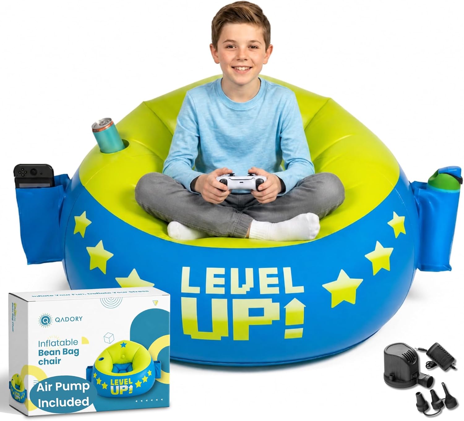 Inflatable Gaming Chair for Kids – Supports Up to 300 lbs, Includes Air Pump, Cup Holder, 2 Pockets – Durable Bean Bag Seat, Comfy Kids Gaming Chair & Top Gamer Chairs for Kid Room