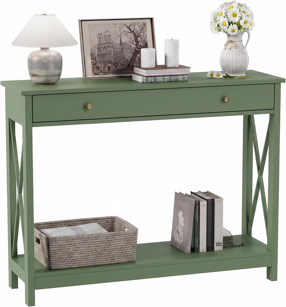 Treocho 40" Farmhouse Console Table with Drawer and Storage Shelves | En...