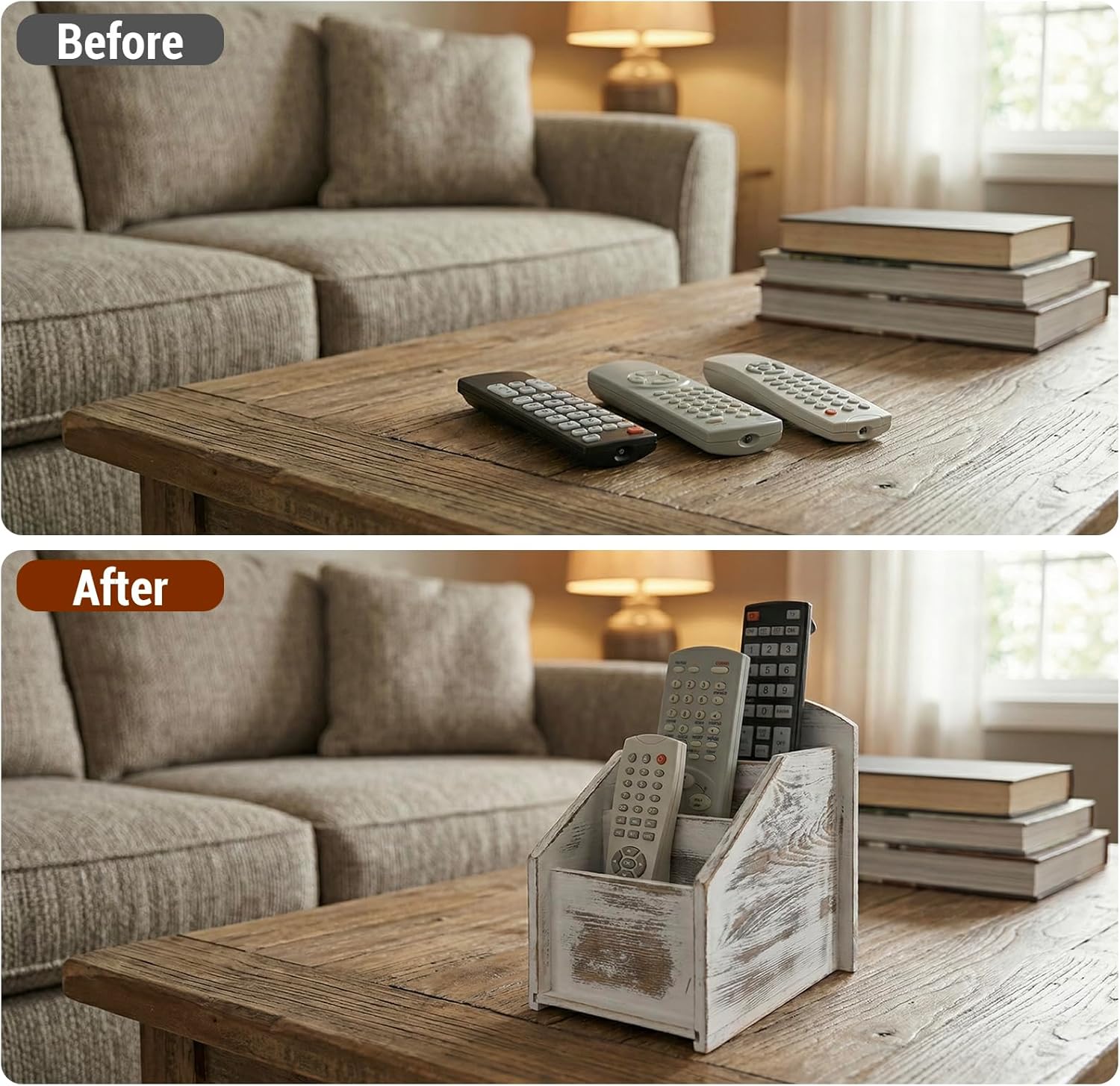 MyGift TV Remote Control Holder, Modern Farmhouse Decor, Whitewashed Wood Media Remote Caddy/Organizer/Storage Box with 3 Compartments, for Living Room, Coffee Table