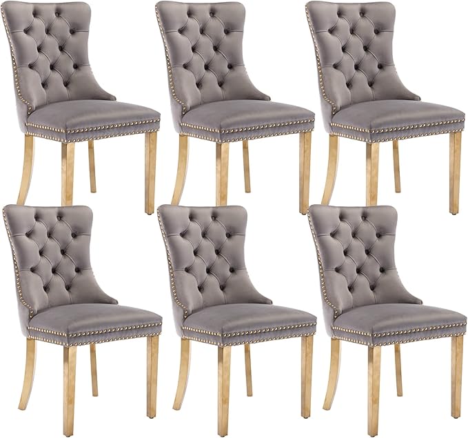 Grey Velvet Dining Chairs Set of 6, Upholstered Dining Room Chairs with Back Ring Pull Trim and Golden Stainless Steel Legs,Modern Kitchen Chairs for Dining Room,Living Room,Kitchen(Grey)