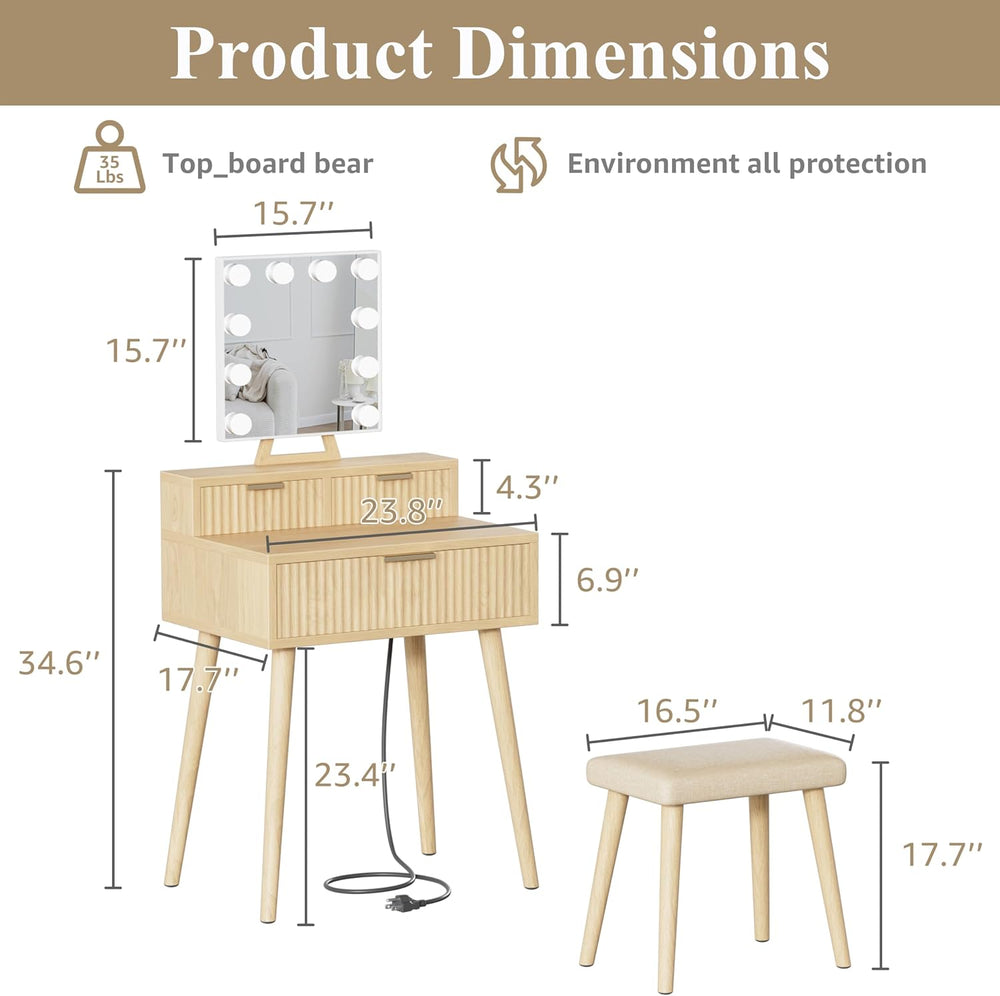 BOLUO Small Vanity Desk with Hollywood Mirror and Lights, Girls Vanity with S...