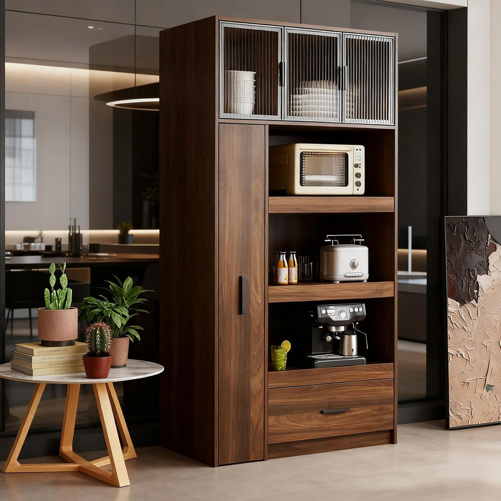 70.87" Tall Kitchen Pantry Cabinet, Walnut Wood Pantry Cabinet with 2 Dr...