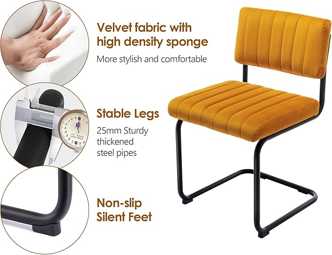 ONEVOG Velvet Dining Chairs Set of 4, Upholstered Kitchen Dining Room Chairs with Striped Open Back, Comfy Orange Chair Armless, Dinner Chair for Party, Black Chrome Metal Legs