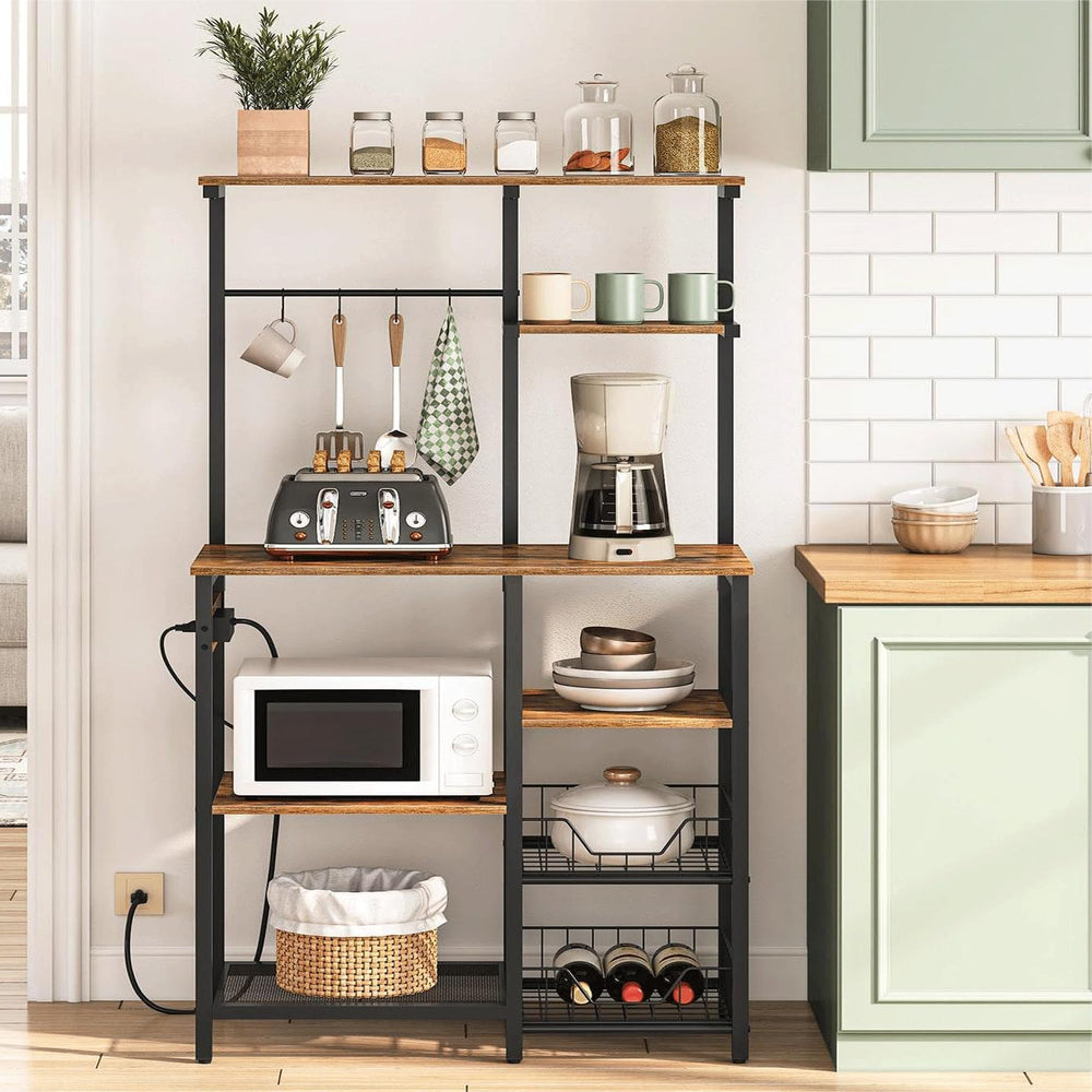 HOOBRO Large Bakers Rack with Power Outlets, 6-Tier Microwave Stand with 4 Ho...