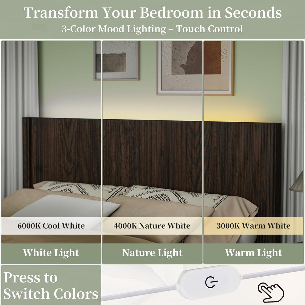 Queen Size Headboard Only, Modern Fluted Wall-Mounted Head Board with Lightin...