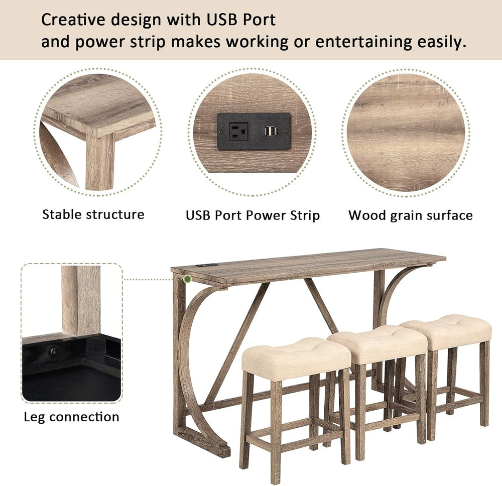 Holaki Bar Table and Chairs Set,4 Piece Console Table with Power Outlet, Coun...
