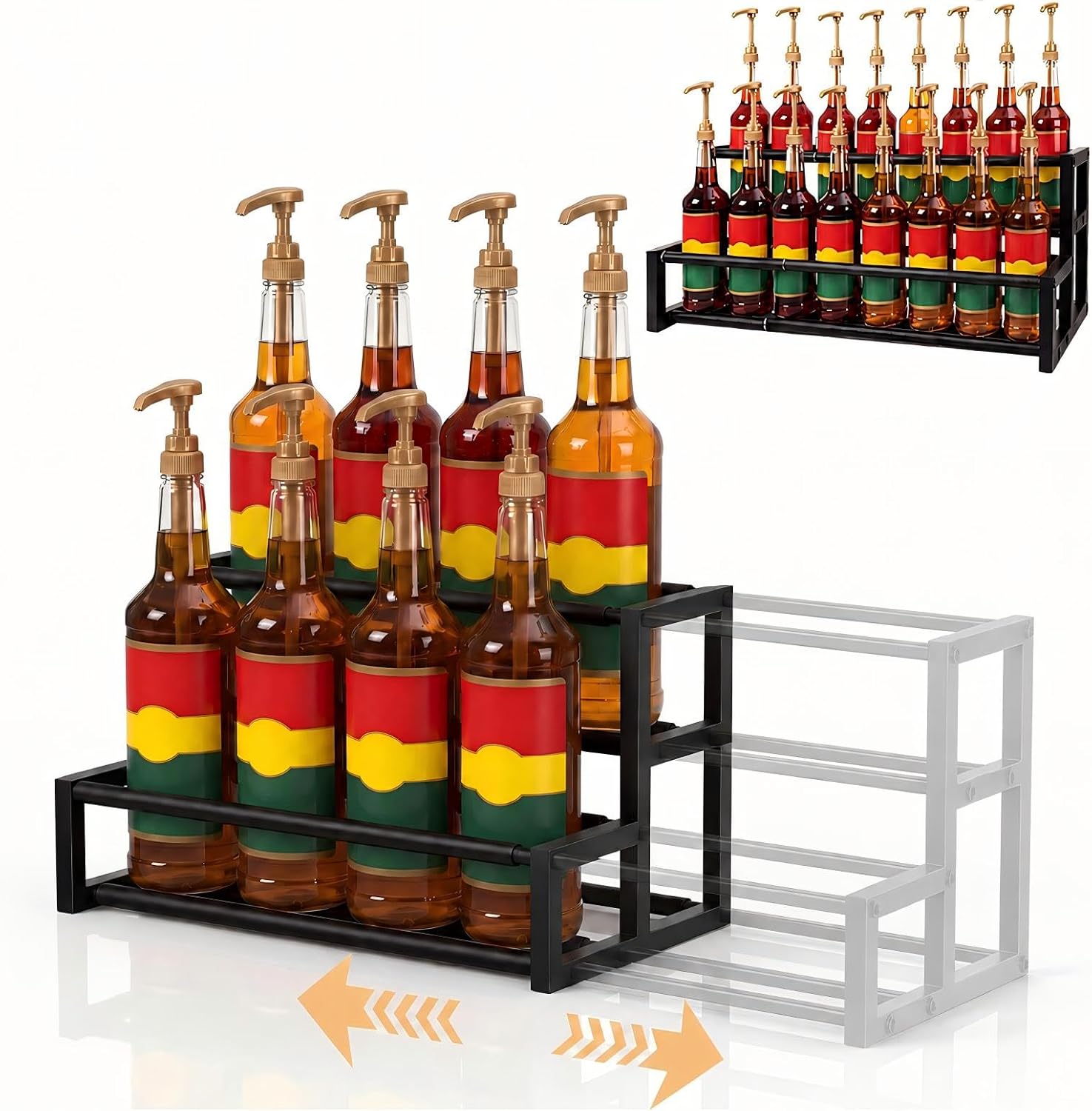 Large Expandable Coffee Syrup Organizer, Syrup Rack for 8-16 Bottles | 17.5 to 29 Inch Adjustable Width, Heavy-Duty Metal Syrup Stand, Countertop Coffee Bar Organizer for Kitchen, Cafe & Home Bar