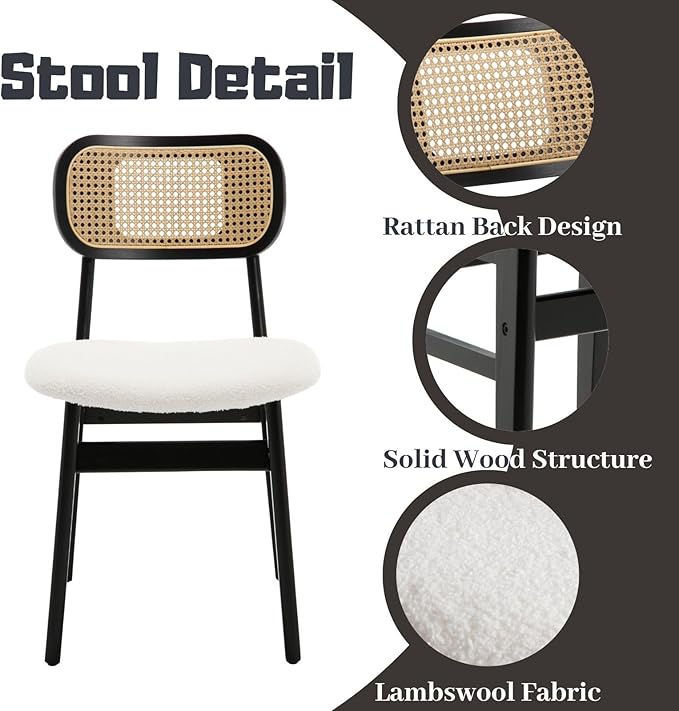 Black Rattan Dining Chairs Set of 4 Lambswool Dining Room Chairs Natural Wood...