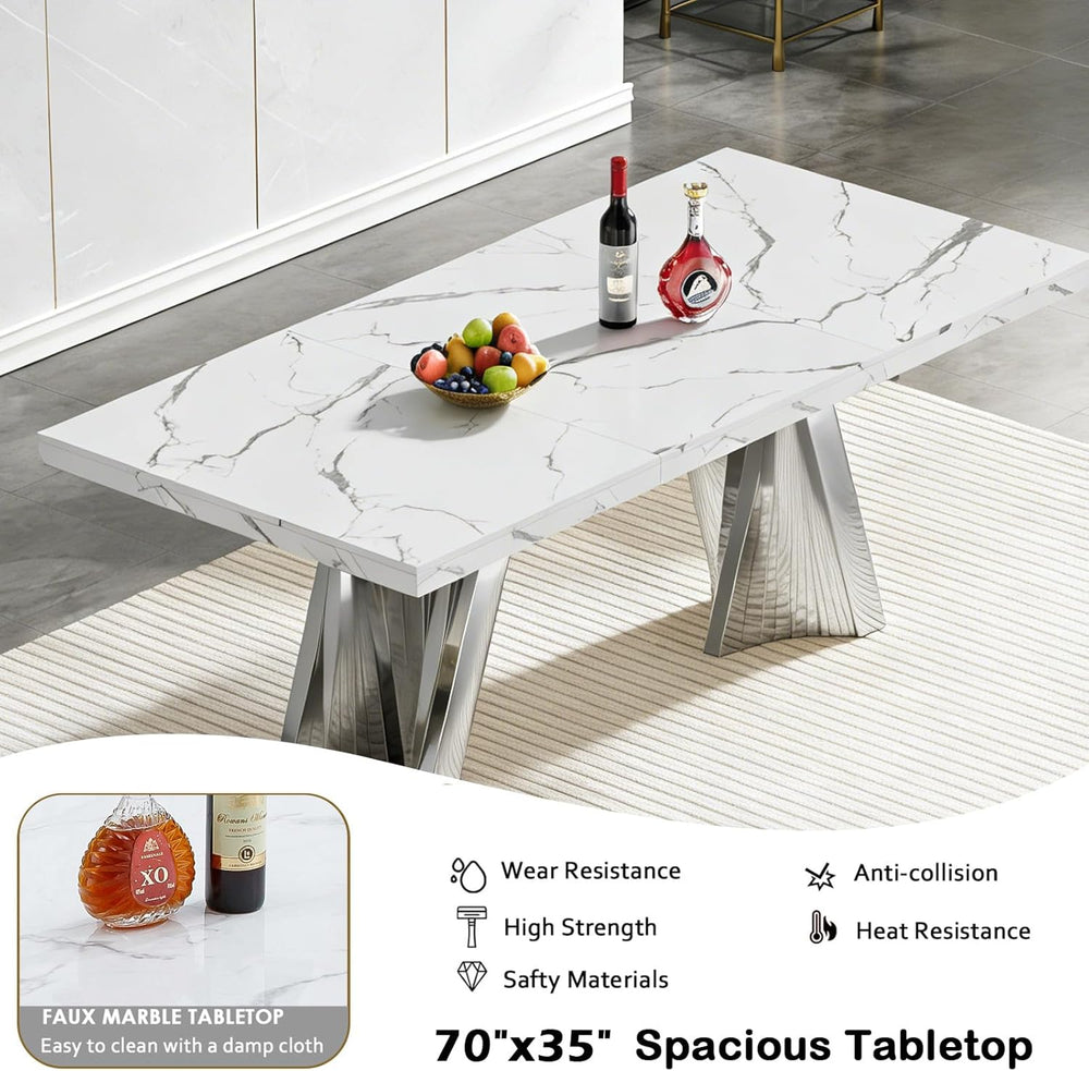 70" Faux Marble White Dining Table for 6, Modern Dining Room Table with ...