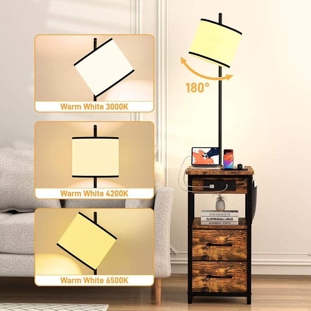 Floor Lamp with Table, Nightstand with Lamp, 2 Drawers, Charging Station