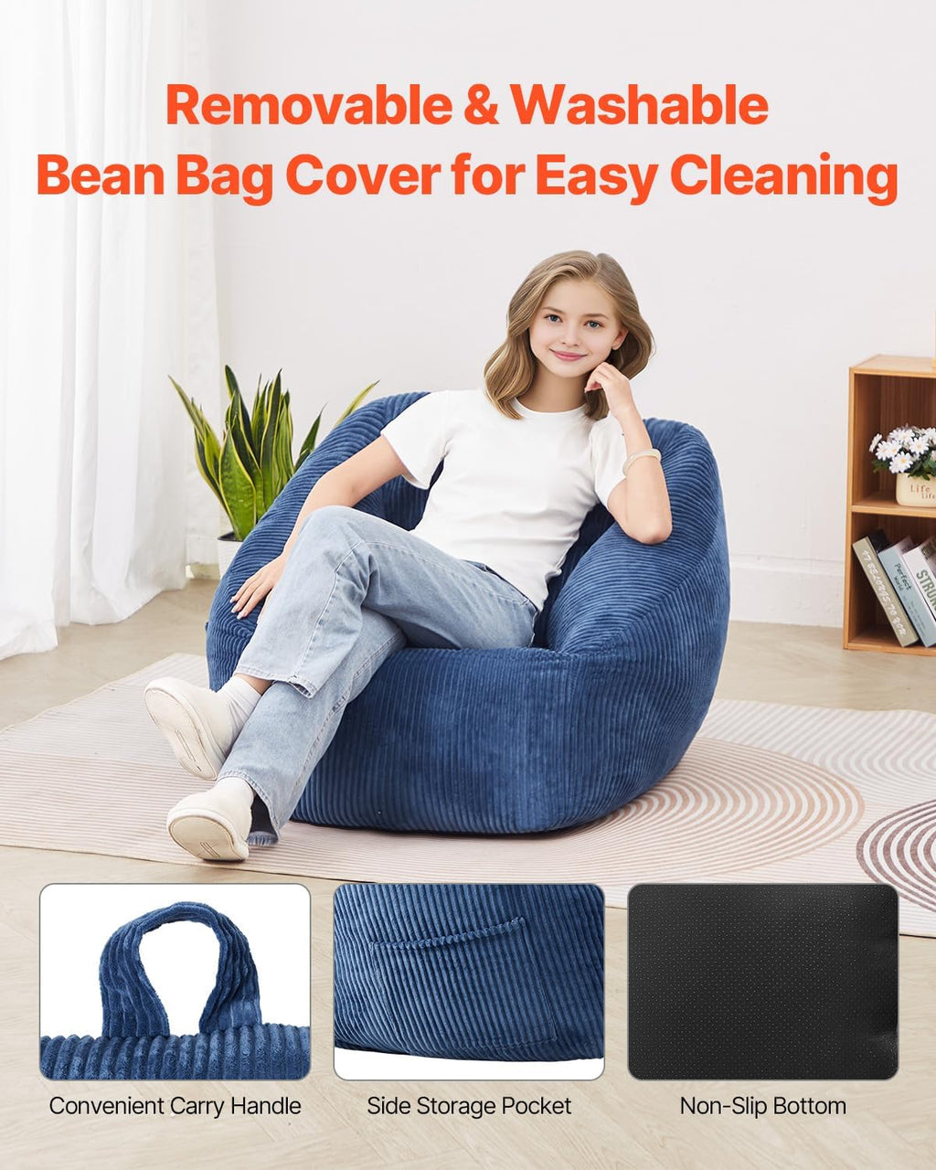VEVOR Bean Bag Chair, 3 feet Bean Bag Chair with Soft Armrests and Storage Pocket, 25D Memory Foam Filled with Soft Teddy Velvet Cover, Bean Bag for Bedroom or Playroom, Blue