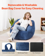 VEVOR Bean Bag Chair, 3 feet Bean Bag Chair with Soft Armrests and Storage Pocket, 25D Memory Foam Filled with Soft Teddy Velvet Cover, Bean Bag for Bedroom or Playroom, Blue