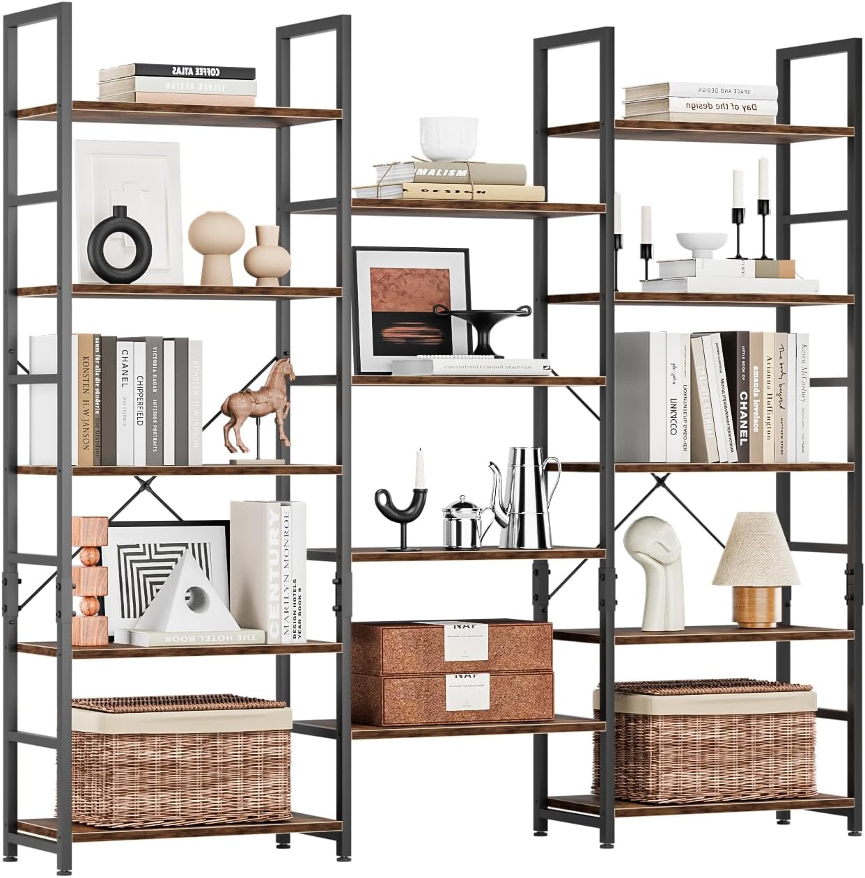 NUMENN Triple 5 Tier Bookshelf, Wide Book Shelf with 14 Open Display Shelves, Modern Tall Bookcase Furniture for Living Room Home Office, Vintage