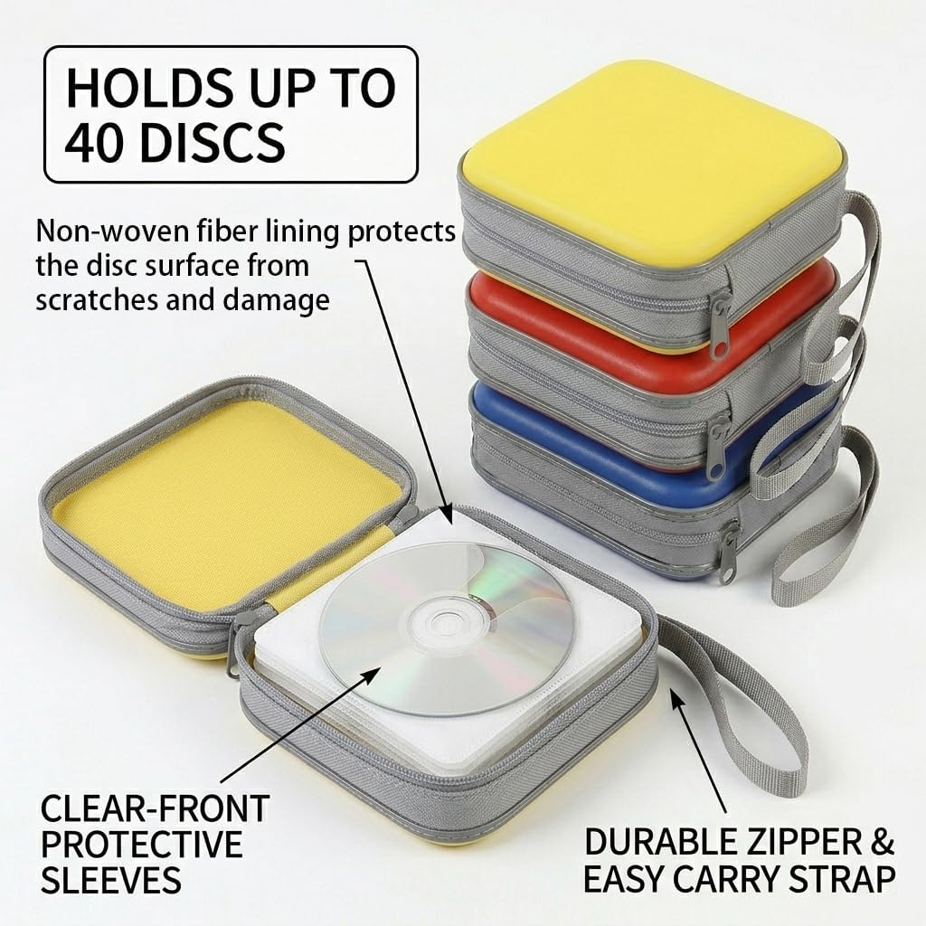 CD Case, 40 Capacity CD/DVD Case Holders Wallet Hard Plastic DVD Disc Cases Storage Binder for Car Home Office Travel (Black)
