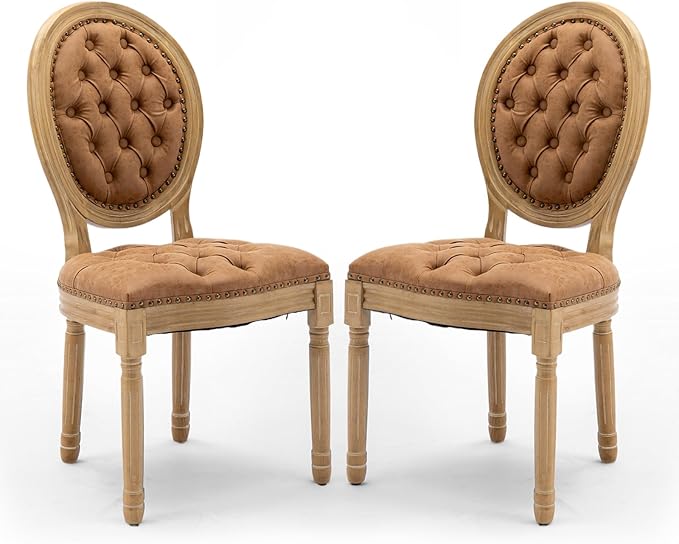 PU Leather Upholstered Dining Chairs Set of 2 French Country Round Back Kitchen Side Chairs with Nailhead Trim and Wood Legs for Dining Room, Kitchen, Restaurant(Orange)
