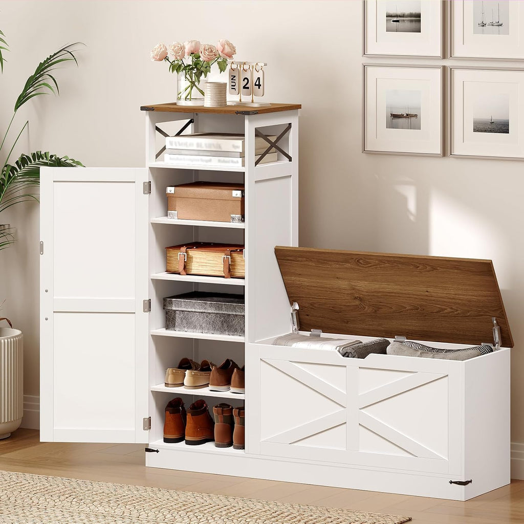 Shoe Cabinet with Bench, L-Shaped Shoe Bench, Storage Bench, Farmhouse Shoe Storage Cabinet with Adjustable Shelves, for Entryway, Living Room, and Stairwell, White and Walnut