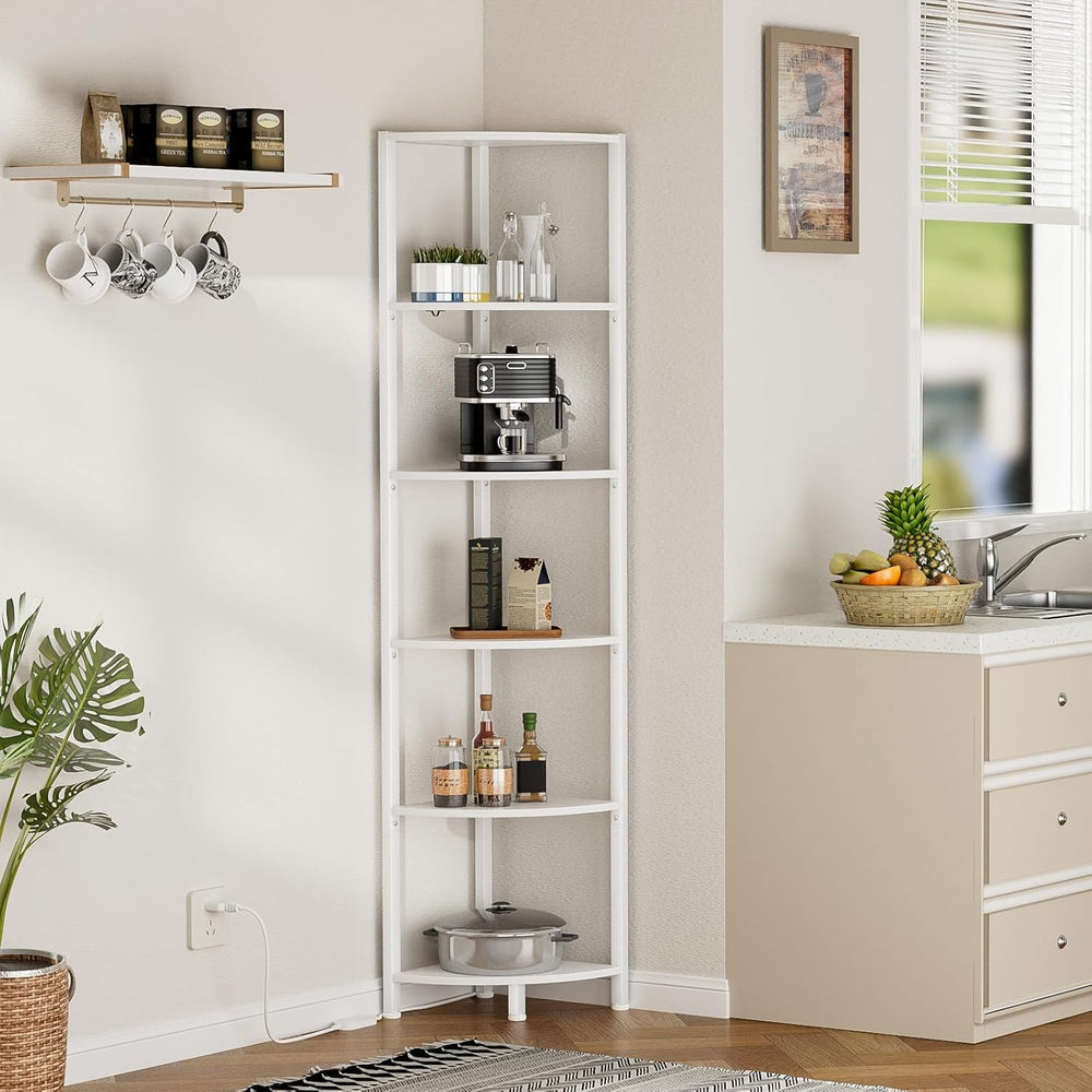 Furnulem 6 Tier Corner Shelf with LED Light, 67.5" White Narrow Bookshel...