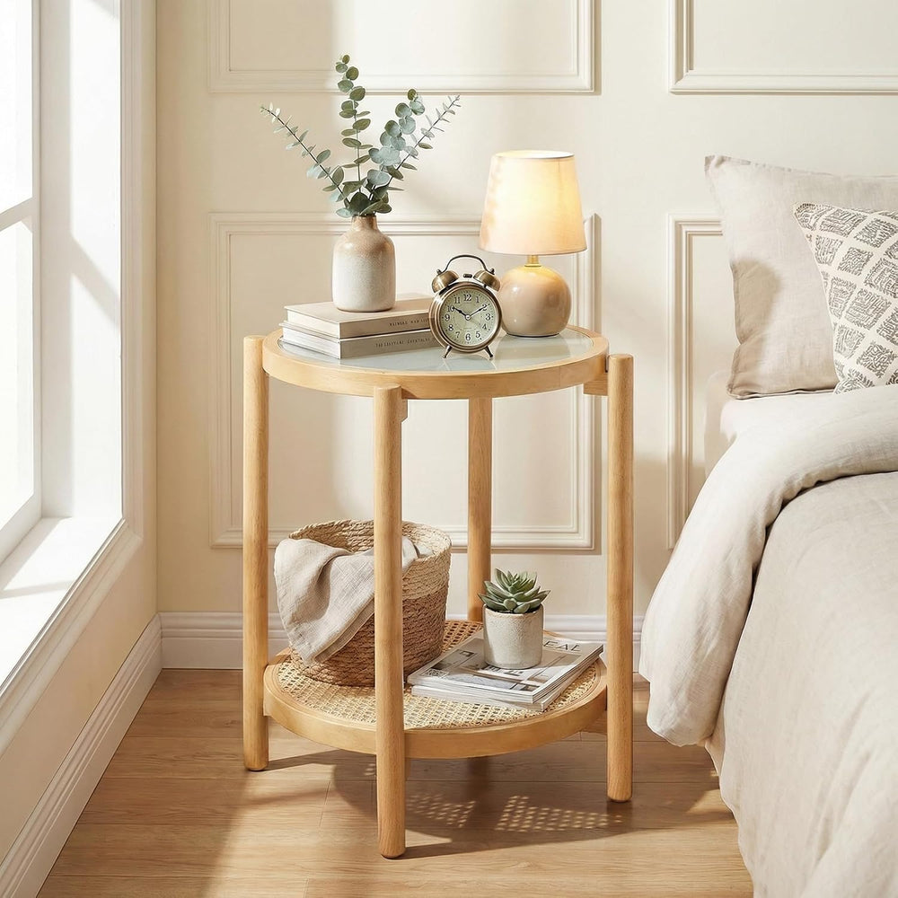 Giantex Rattan Round Side Table, 2-Tier Boho End Table w/Tempered Glass Top, ...