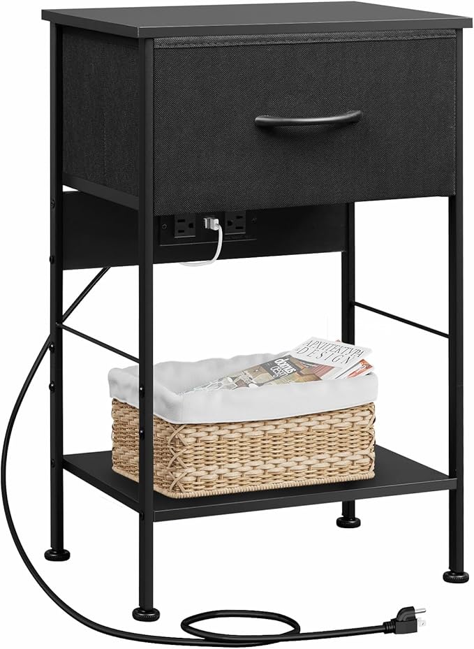 WLIVE Night Stand with Charger Station, Small Nightstand with 1 Fabric Drawer...