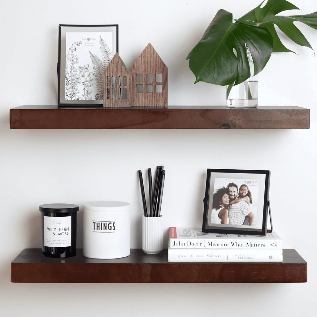 Homeforia 24inch Walnut Floating Shelves for Wall, High End Solid Real Wood 24in Floating Shelf for Bathroom, Dark Brown 24 inch Long Floating Shelves, Heavy Duty Bracket, 24 X 6.5 X 1.75 in, Set of 4