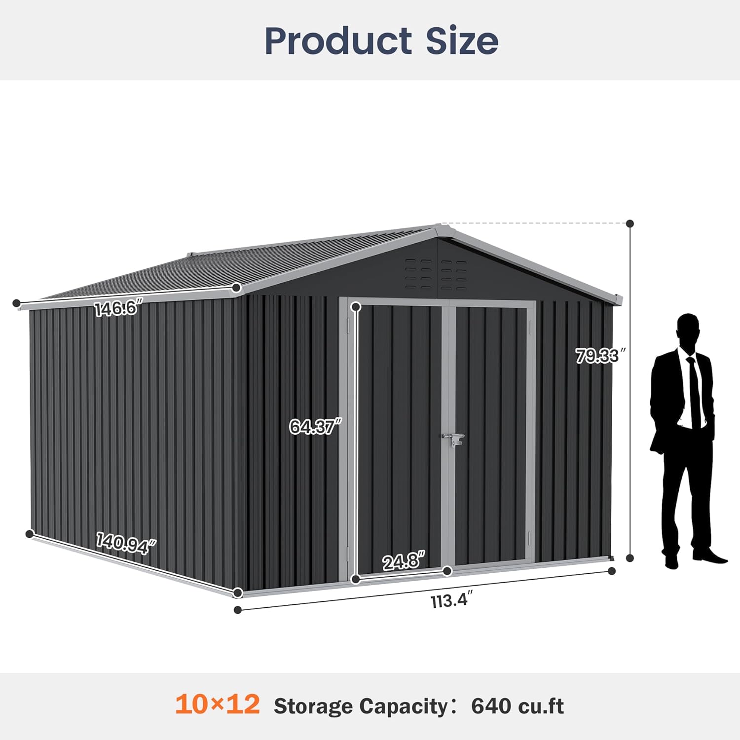 UDPATIO Outdoor Storage Shed 10x12 FT, Outdoor Storage Metal Galvanized Steel Yard, Patio, Lawn, Tool Shed with Lockable Door for Can, Bike, Lawnmower, Generator,Dark Grey