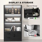 Display Cabinet with Glass Doors, 4-Tier Display Case with 3-Color Lights & Human Body Sensor, Storage Cabinets with 3 Shelves & 2 Drawers for Collectibles/Living/Dining/Game Room, Black Oak
