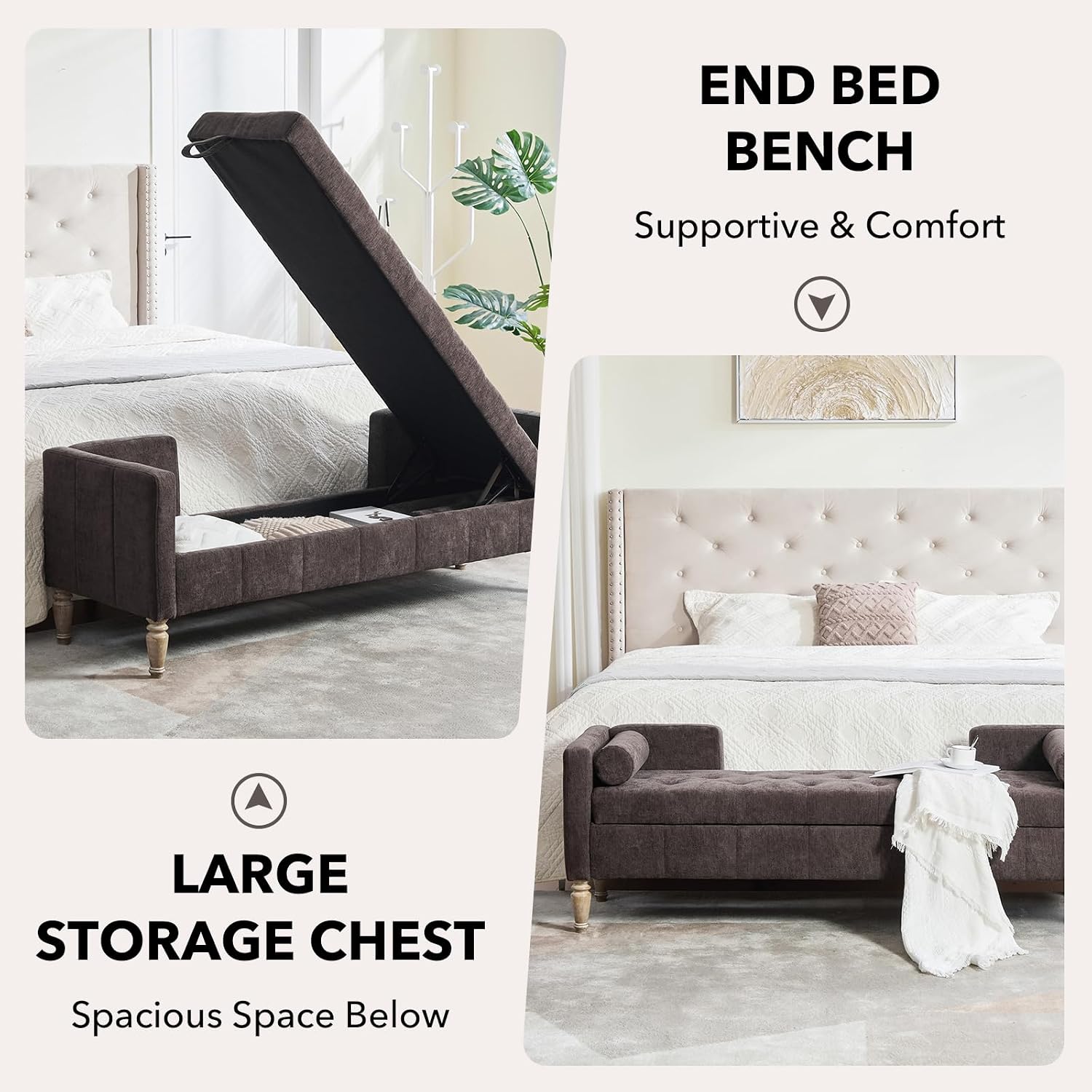 NIOIIKIT 65" Corduroy Upholstered Storage Ottoman Bench with Pillows Coffee | Large Entryway Bench with Wood Leg, End of Bed Bench with Straight Armrest, Window Bench for Bedroom, Living Room