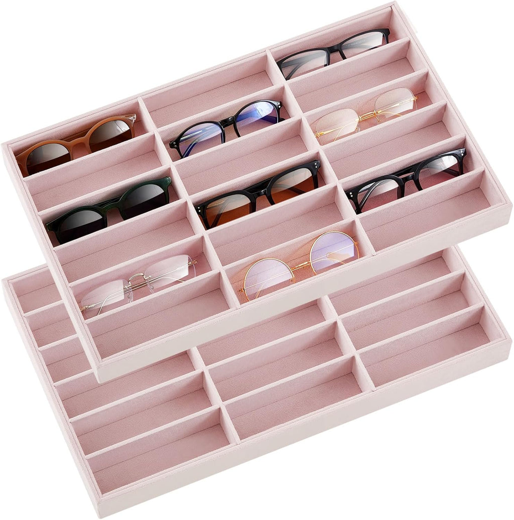 Amylove 2 Pcs Sunglass Organizer Trays Glasses Stackable Jewelry Trays Sunglass Organizer Display Box (18 Grids,Pink)