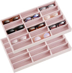 Amylove 2 Pcs Sunglass Organizer Trays Glasses Stackable Jewelry Trays Sunglass Organizer Display Box (18 Grids,Pink)