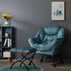 HollyHOME Fabric Lazy Chair with Foldable Ottoman, Accent Comfy Lounge Arm Chair and Folding Footrest Stool Set, Leisure Sofa Reading Chair and Footstool for Living Room, Bedroom, Dorm, Blue