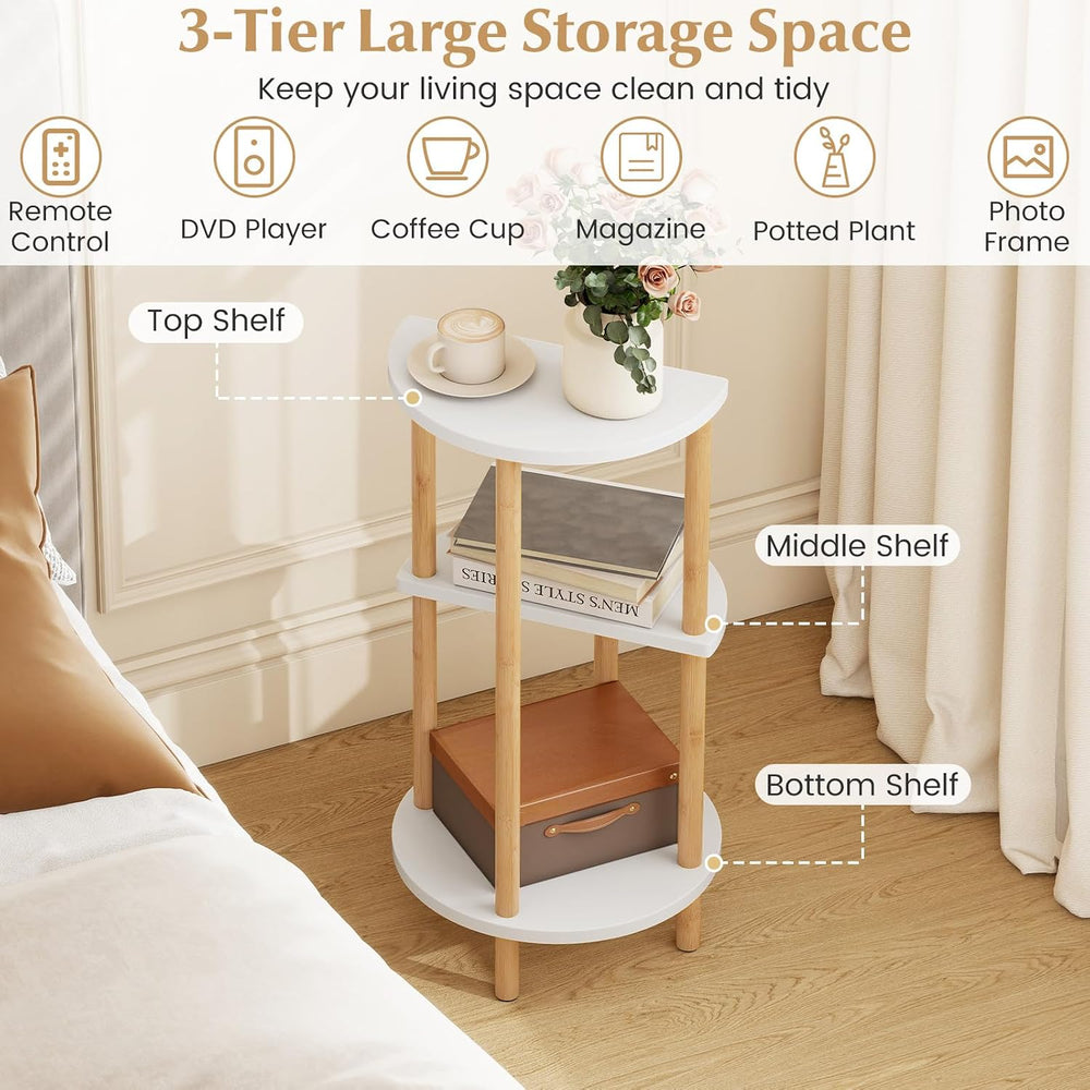 Giantex Bamboo Round Side Table Set of 2, 3-Tier Circular End Tables with Sto...