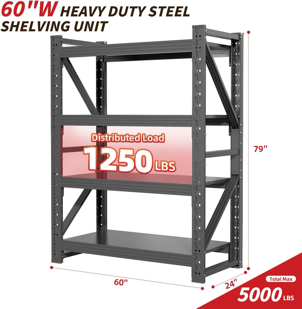 60" W Garage Shelving,4-Tier Heavy Duty Storage Shelves Unit with Adjustable Metal Shelf for Warehouse,Basement,Workshop,5000LBS,60" W x 24" D x 79" H,Black