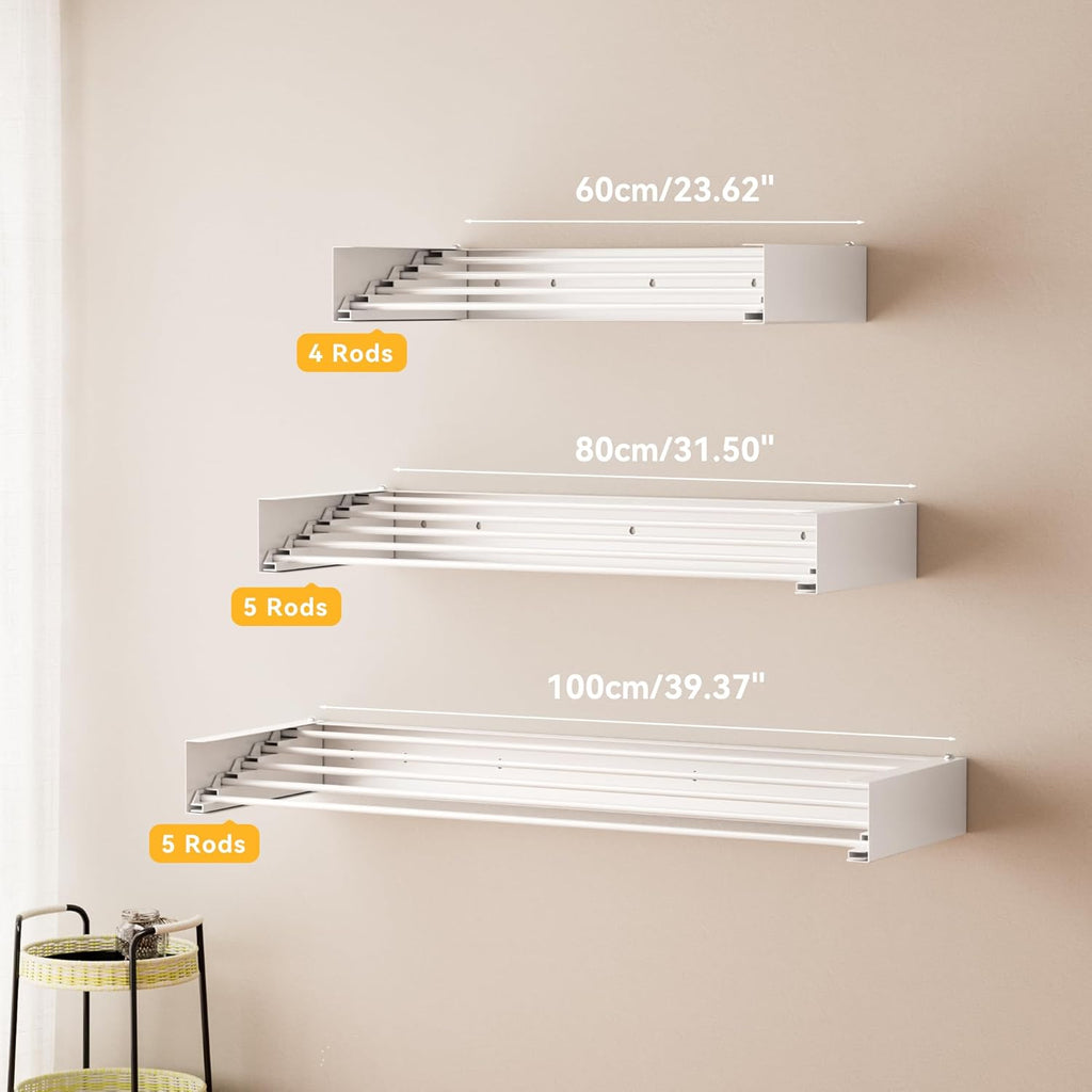 Wall Mounted Drying Rack, 23.6" Retractable Clothes Drying Rack, Heavy Duty 60LB Capacity with 4 Stainless Steel Rods, Foldable Laundry Rack for Indoor Laundry Room, Balcony & Bathroom
