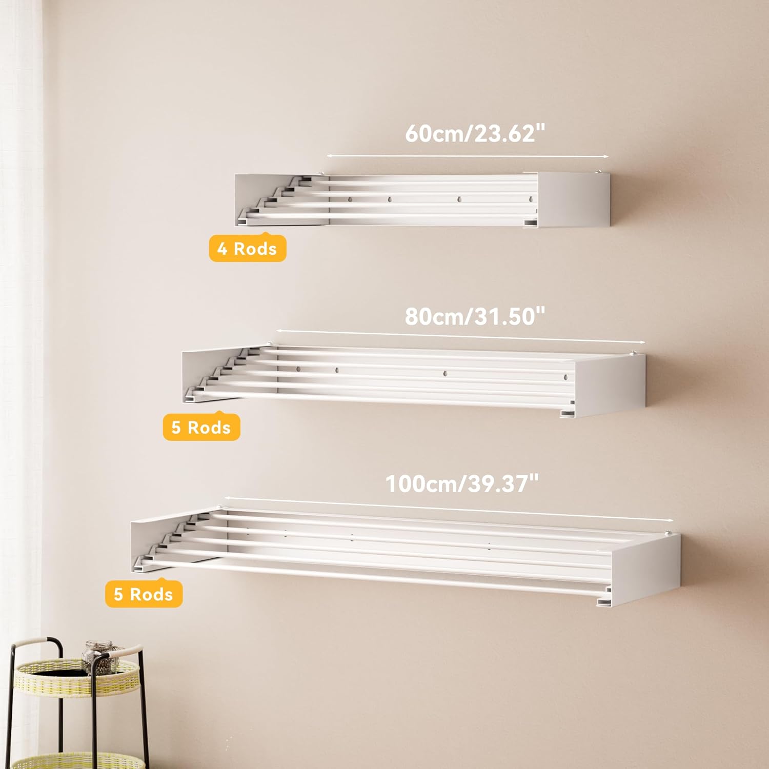 Wall Mounted Drying Rack, 23.6" Retractable Clothes Drying Rack, Heavy Duty 60LB Capacity with 4 Stainless Steel Rods, Foldable Laundry Rack for Indoor Laundry Room, Balcony & Bathroom