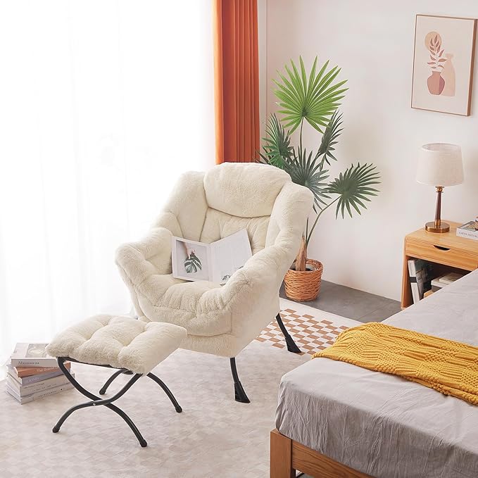 Welnow Lazy Chair with Ottoman, Modern Lounge Accent Chair with Armrests and a Side Pocket, Leisure Sofa Armchair, Reading Armchair with Footrest for Small Space, Plush Beige