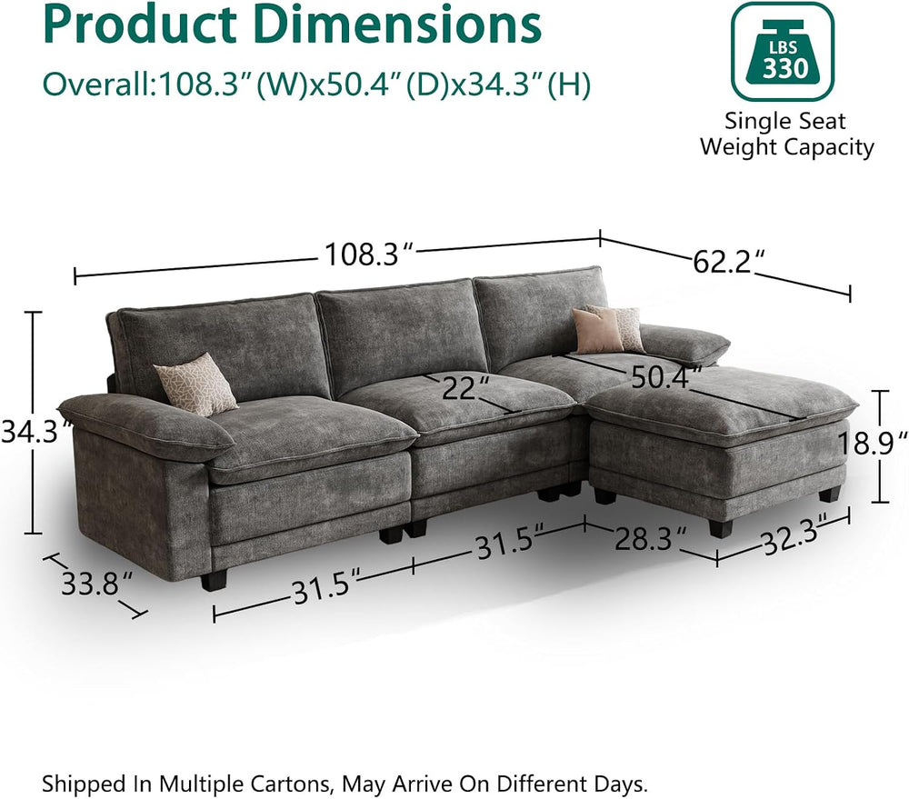 108" Modular Sectional Couch, L Shaped Cloud Sofa for Living Room | Comf...