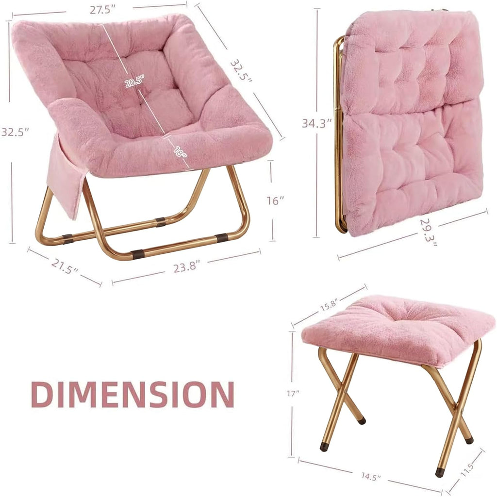 Kasunpul Comfy Saucer Chair, Foldable Living Room Chairs, Soft Faux Fur Lounge Chair for Bedroom, Reading Chairs for Adults, Teens, X-Large (Pink)