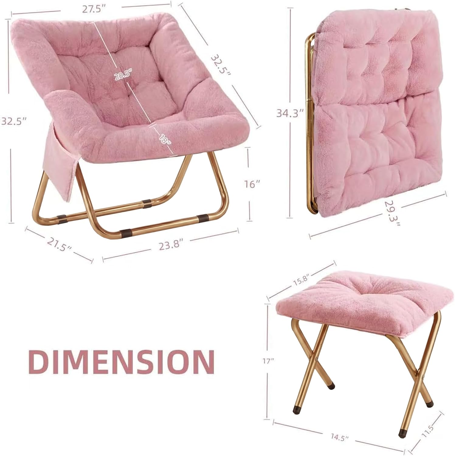 Kasunpul Comfy Saucer Chair, Foldable Living Room Chairs, Soft Faux Fur Lounge Chair for Bedroom, Reading Chairs for Adults, Teens, X-Large (Pink)