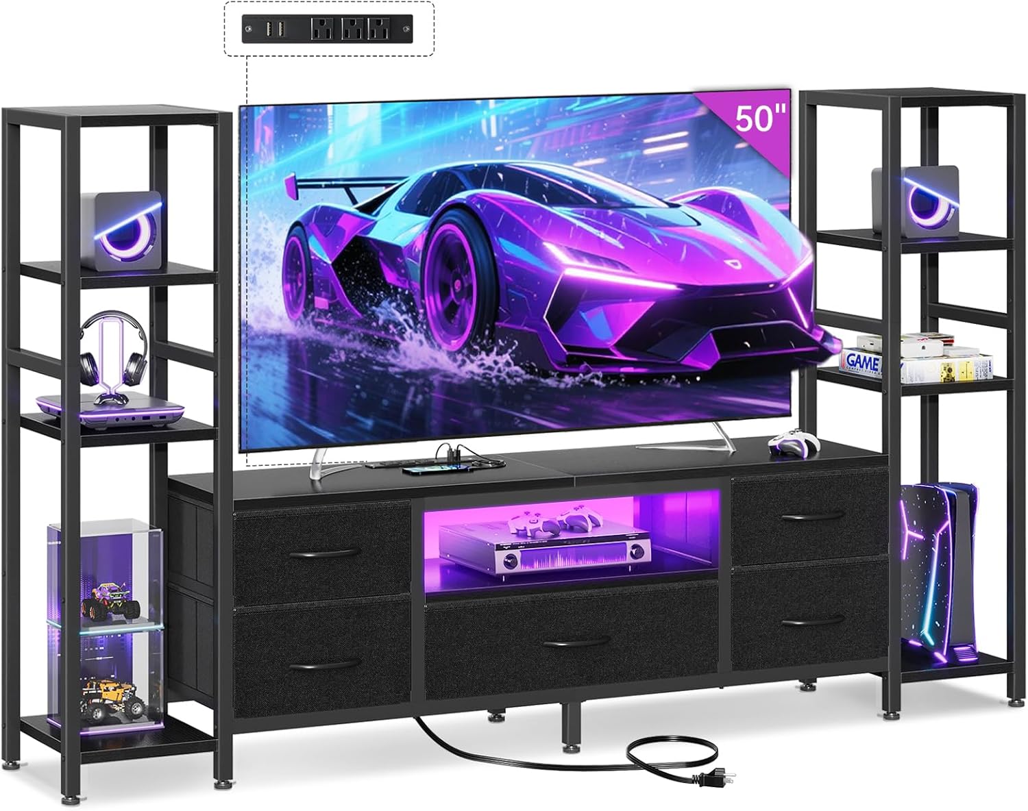 Casaottima TV Stand for 40/50/55 Inch TV, Low-Profile Entertainment Center with LED Lights & Power Outlets, TV Stand with Drawers & Open Shelves for Storage for Small Spaces/Living Room/Gaming, Black