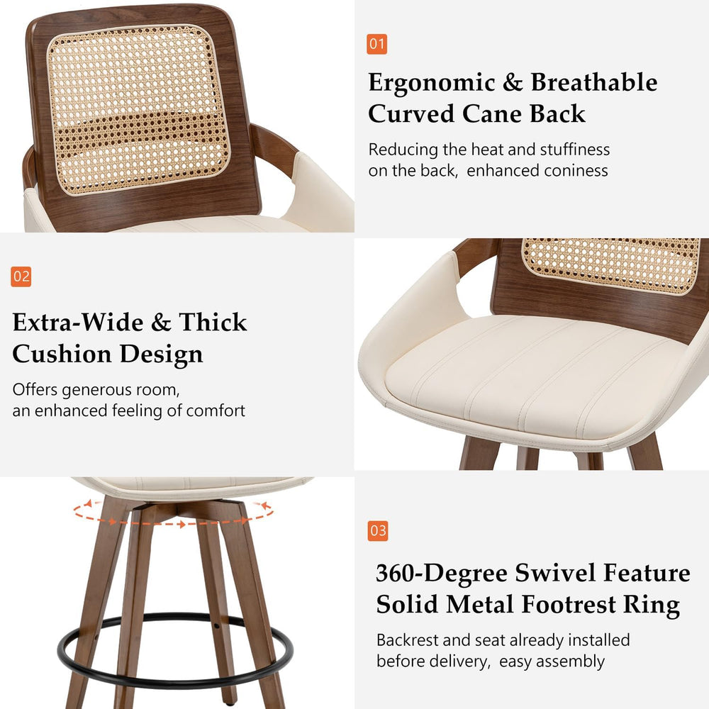 Mid Century Modern Counter Stools, Rattan Swivel Counter Stools with Back | N...